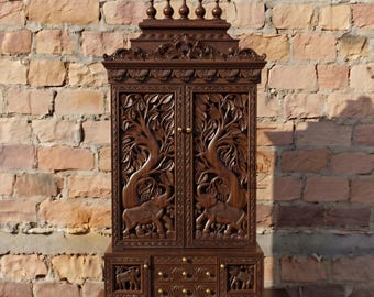 Templo de madera de mango tallado a mano - Gran templo doméstico del Árbol de la Vida de 72" con motivos de elefantes