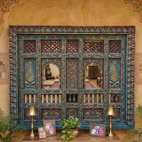 Hand Carved Mango Wood Jharokha Mirror Frame - Distressed Teal & Gold Rajasthani Wall Decor