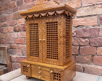 Tempio in legno di mango fatto a mano per la casa, Mandir in legno intagliato a mano con ante e 3 cassetti, Pooja Ghar Ghar Mandir / Mandir tradizionale in arte indiana