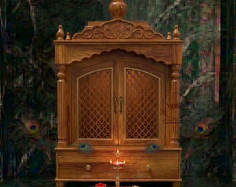 Handcrafted Mango Wood Temple for Home | Wooden Mandir with Storage Drawer & Jali Doors | Pooja Ghar Mandap | Traditional Hindu Altar Shrine