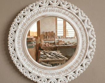 Specchio rotondo in legno di mango fatto a mano / Decorazione da parete intagliata a mano