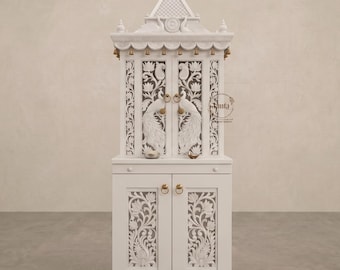 Handgeschnitzter weißer Mango Holzstempel für Zuhause - Großer Puja Mandir mit Pfau & Blumenmotiv