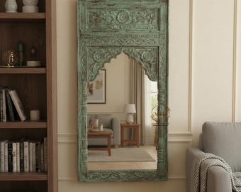 Cornice per specchio da parete in legno di mango intagliato a mano - Specchio Jharokha verde anticato vintage