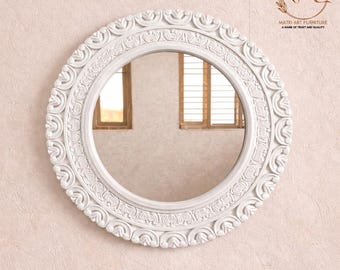 Specchio rotondo in legno di mango fatto a mano / Decorazione da parete intagliata a mano