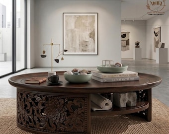 Hand-Carved Mango Wood Coffee Table | Round Jali Work Center Table