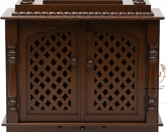 Handcrafted Mango Wood Puja Mandir | Traditional Indian Temple with Jali Doors, Storage Drawer