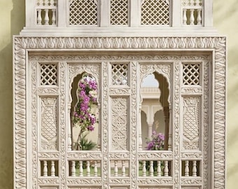 Cornice per finestra Jharokha in legno di mango intagliato a mano / Decorazione murale indiana bianca anticata
