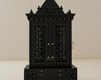 Hand-Carved Solid Mango Wood Hindu Temple – Intricate Jaali Work Home Mandir