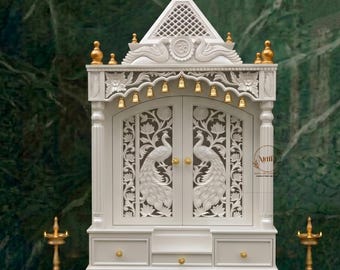 Handcrafted Wooden Pooja Mandir for Home | White Mango Wood Temple