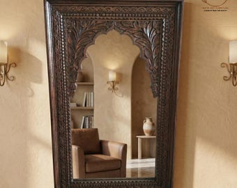 Cornice per specchio da parete in legno di mango intagliata a mano – Specchio tradizionale ad arco Mughal Jharokha