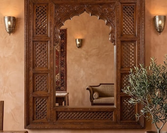 Hand carved Mango Wood Jharokha Wall Frame - Indian Traditional Lattice Jali Work