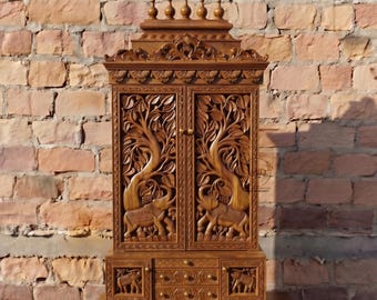 Templo hindú de madera de mango tallado a mano – Gran templo de 182 cm con árbol de la vida y elefantes.