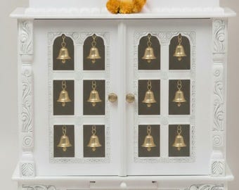 Handmade White Mango Wood Temple - Carved Pooja Mandir with Brass Bells and LED light