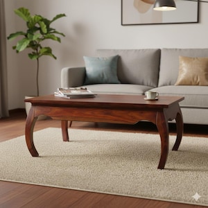 May include: A rectangular, dark brown wooden coffee table with curved legs. The table has a smooth surface and is placed on a beige rug. A stack of magazines and a teacup sit on top. The table is in front of a gray sofa.