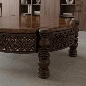 Hand-Carved Round Mango Wood Coffee Table - 36" Large Circular Center Table image 4