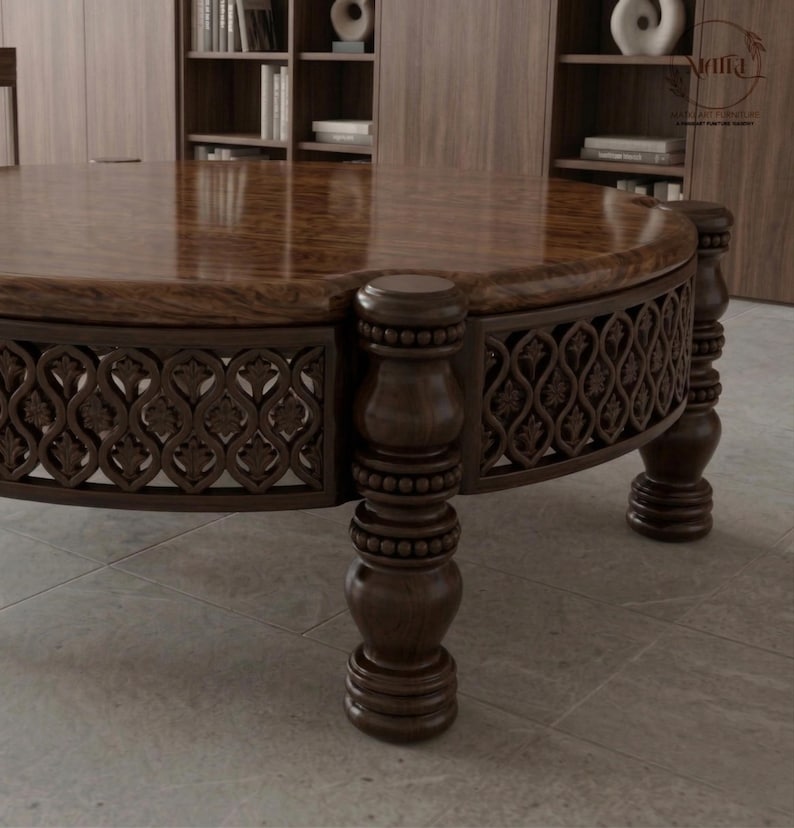 Hand-Carved Round Mango Wood Coffee Table - 36" Large Circular Center Table image 4