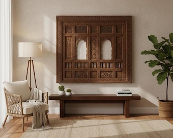 Decorazione da parete Jharokha in legno di mango intagliato a mano - Tradizionale arazzo indiano con cornice per finestra