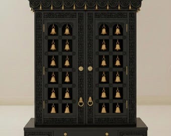 Solid Mango Wood Pooja Mandir | Large Hindu Temple with Brass Bells, with LED Light