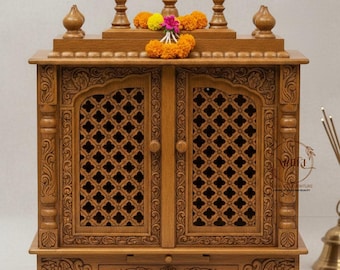 Elegant Mango Wood Pooja Ghar | Wooden Hindu Temple with Foldable/Jali Doors