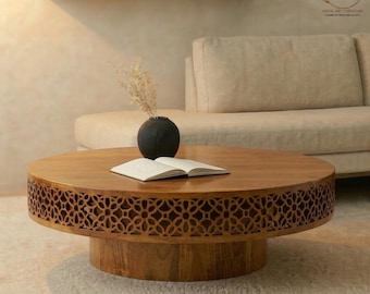 Handmade Round Mango Wood Coffee Table with Intricate Floral Lattice Carving