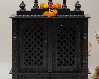 Elegant Mango Wood Pooja Ghar | Wooden Hindu Temple with Foldable/Jali Doors