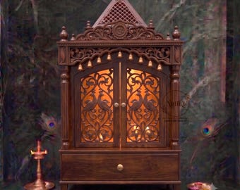 Handcrafted Mango Wood Home Temple with Brass Bells & Peacock Carving