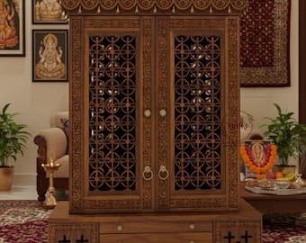 Handcrafted Mango Wood Puja Mandir with Intricate Jali Carving