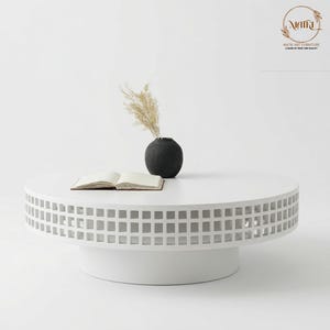 Modern Japandi Round Coffee Table - White Minimalist Grid Lattice Wood Table