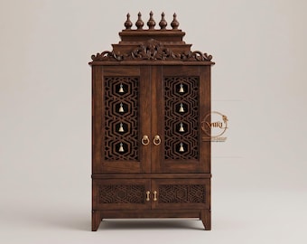 Handmade Mango Wood Hindu Home Temple with Brass Bells - Traditional Indian Puja Mandir
