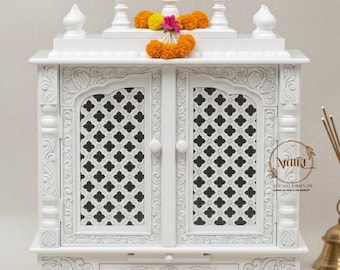Elegant Mango Wood Pooja Ghar | Wooden Hindu Temple with Foldable/Jali Doors