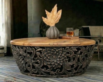Hand-Carved Mango Wood Round Coffee Table - Intricate Floral Lattice Design