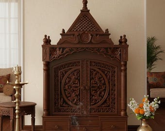 Handcrafted Mango Wood Pooja Mandir – Indian Home Temple with Storage