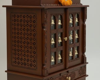 Handcrafted Mango Wood Pooja Mandir with Brass Bells | with LED Light