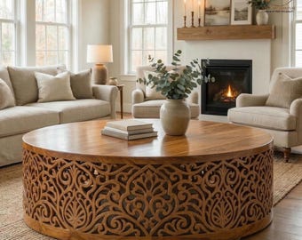 Hand-Carved Mango Wood Round Coffee Table – Intricate Floral Cut-out Design