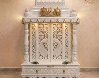 Hand-Carved White Mango Wood Pooja Mandir with Doors | Large Indian Home Temple for Ganesha