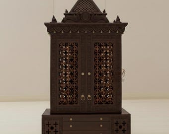 Hand-Carved Solid Mango Wood Hindu Temple – Intricate Jaali Work Home Mandir