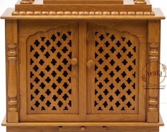 Handcrafted Mango Wood Puja Mandir | Traditional Indian Temple with Jali Doors, Storage Drawer