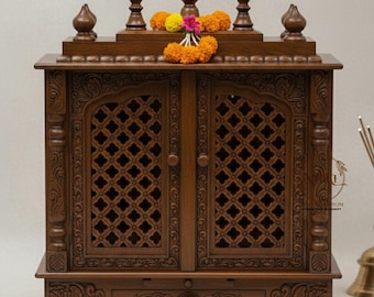 Elegant Mango Wood Pooja Ghar | Wooden Hindu Temple with Foldable/Jali Doors