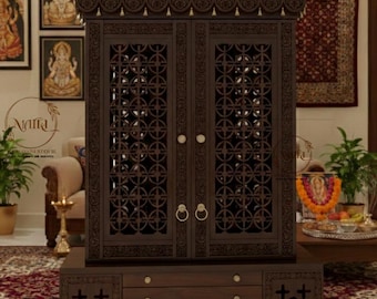Handcrafted Mango Wood Puja Mandir with Intricate Jali Carving