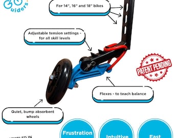May include: A blue and black training wheel system for bicycles. The system is designed for 14", 16", and 18" bikes. Features include adjustable tension settings, quiet wheels, and a design that flexes to teach balance. The product is assembled in the USA.