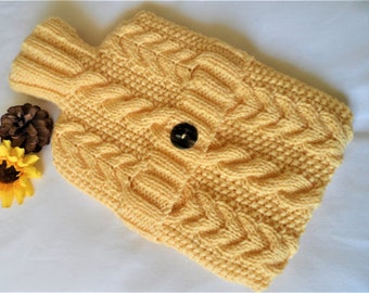 Hand Knitted Golden Butter Yellow Corn Yellow Cabled hot water bottle cover/cozy/cosy/case hottie bed warmer ~ Chunky Bulky Wool