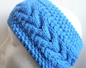 Hand knitted Mid Blue Chunky Bulky Cable Earwarmer or Headband Winter Boho