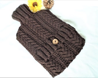 Hand Knitted Dark Brown Cabled hot water bottle cover/cozy/cosy/case hottie bed warmer ~ Chunky Bulky Wool