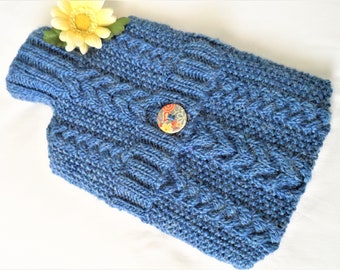 Hand Knitted Air Force Blue, Blue Gray Grey, Cable hot water bottle cover/cozy/cosy/case hottie bed warmer