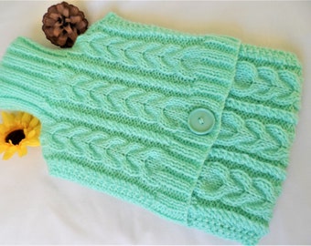 Hand Knitted Peppermint Green Cabled  hot water bottle cover/cozy/cosy/case hottie bed warmer