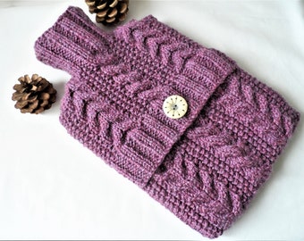 Hand Knitted Purple Heather Tweed Cabled hot water bottle cover/cozy/cosy/case hottie bed warmer ~ AranWool