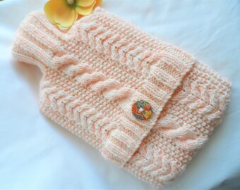 Hand Knitted Cream & Peach Tweed Cabled hot water bottle cover/cozy/cosy/case hottie bed warmer ~ Chunky Bulky Wool