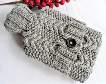 Funda para botella de agua caliente tejida a mano con cable en gris oliva, verde y gris, funda para calentar la cama, funda para botella de agua caliente, funda para calentar la cama, lana gruesa y voluminosa