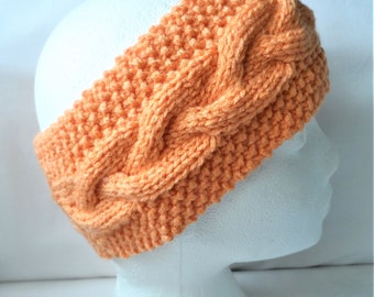 Hand knitted Soft Orange Cable Chunky Bulky Earwarmer or Headband Winter Boho