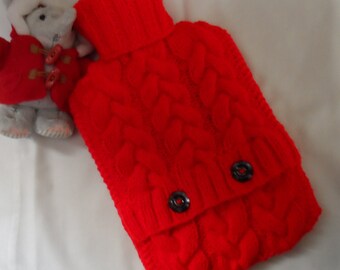 Hand knitted bright red cabled hot water bottle cover/cozy/cosy/case hottie bed warmer